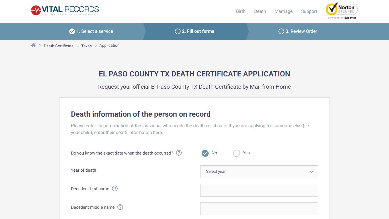 El Paso County TX Death Certificate Application - Vital Records Online